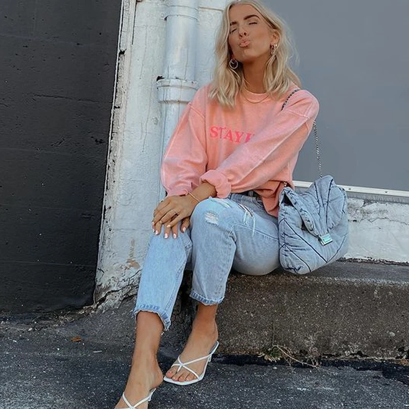 

Casual Pink Letter Print Loose Women Hoodies O Neck Thin Summer Streetwear Female Sweatshirt Long Sleeve Patchwork Tops 2021 New