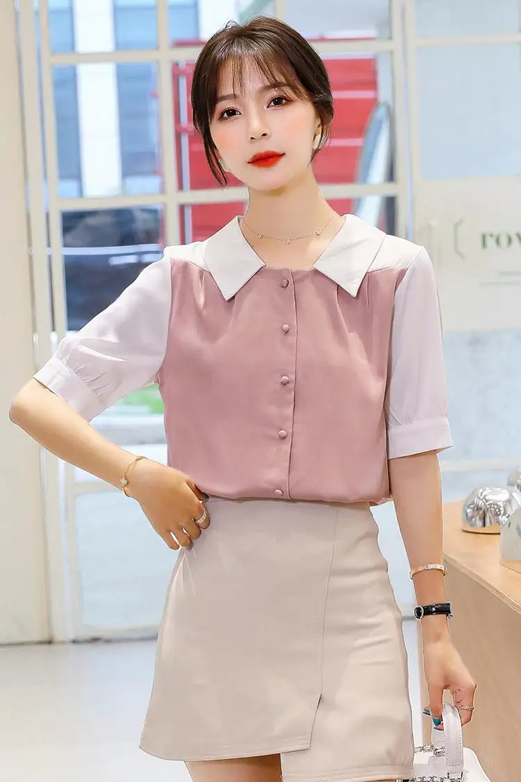 

COIGARSAM Fashion Short Sleeve Shirt Womens tops New Summer Loose Women shirts Pink Gray 5125