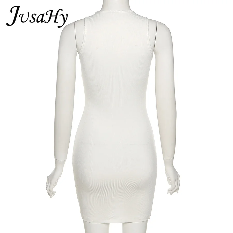 

JuSaHy Y2K Sexy Metal Chain Hollow Out Design Mini Dress for Women Knitted Skinny Sleeveless Bodycon Midnight Party Clubwear