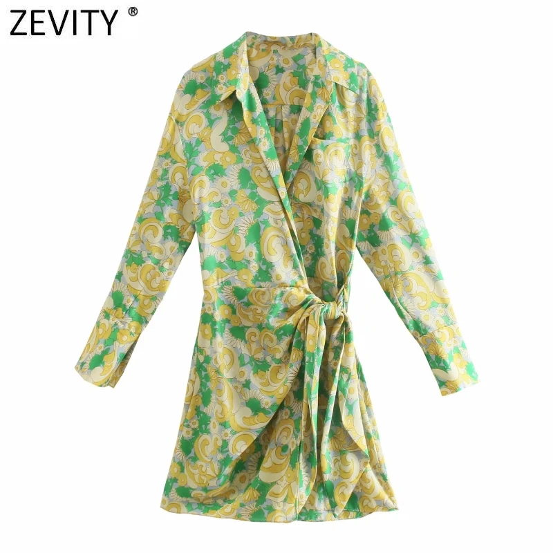 

Zevity 2021 Women Vintage Floral Print Casual Slim Mini Shirt Dress Female Chic Long Sleeve Bow Tied Wrap Kimono Vestidos DS8346