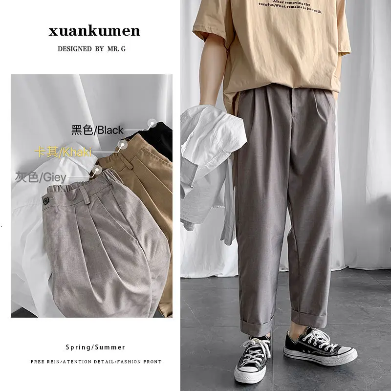 

Summer Solid Color Suit Pants Men Korean Fashion Loose Casual Pants Men Harajuku Streetwear Solid Color Straight Pants Men