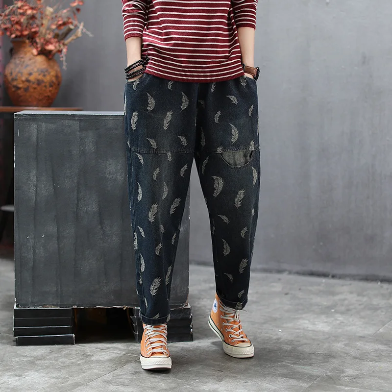 Женские джинсы в стиле ретро с вышивкой листьев винтажные эластичной резинкой на