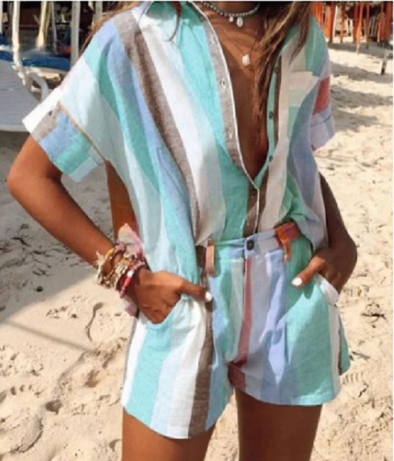 

2021 Summer New Fashion Casual Striped Short-sleeved Shirt T-shirt Shorts Two-piece Suit