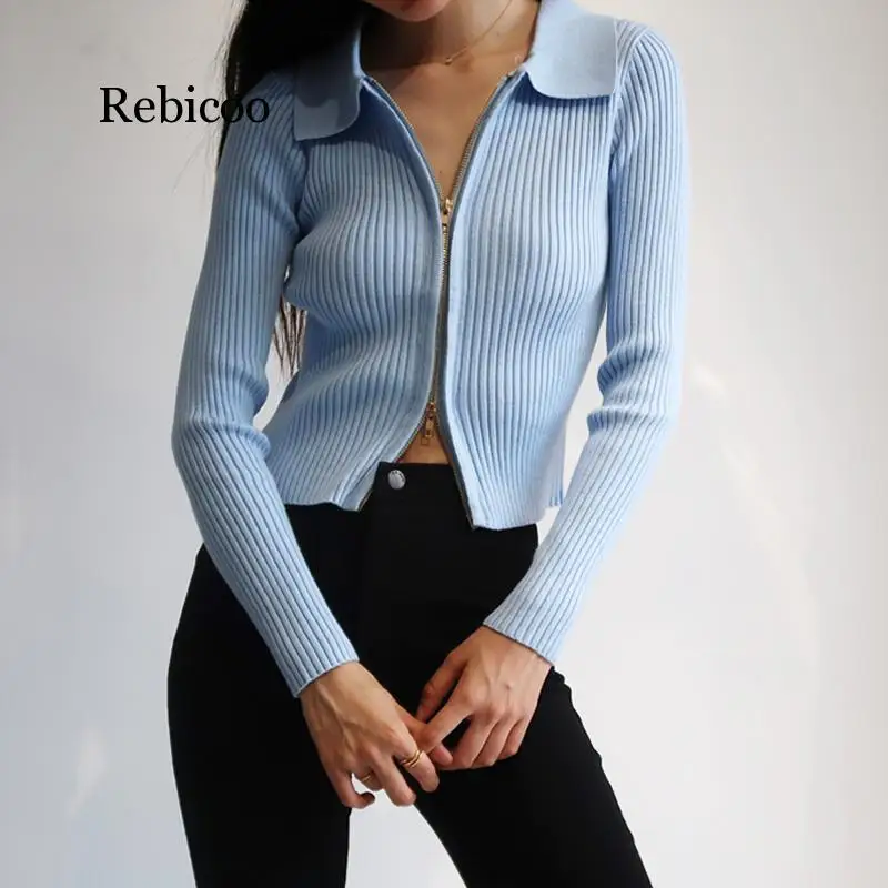 

Women Dual Zipper Ribbed Sweater Shirt Cropped Knit Cardigans