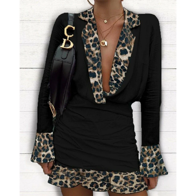 Женское платье с леопардовым принтом привлекательное мини-платье глубоким