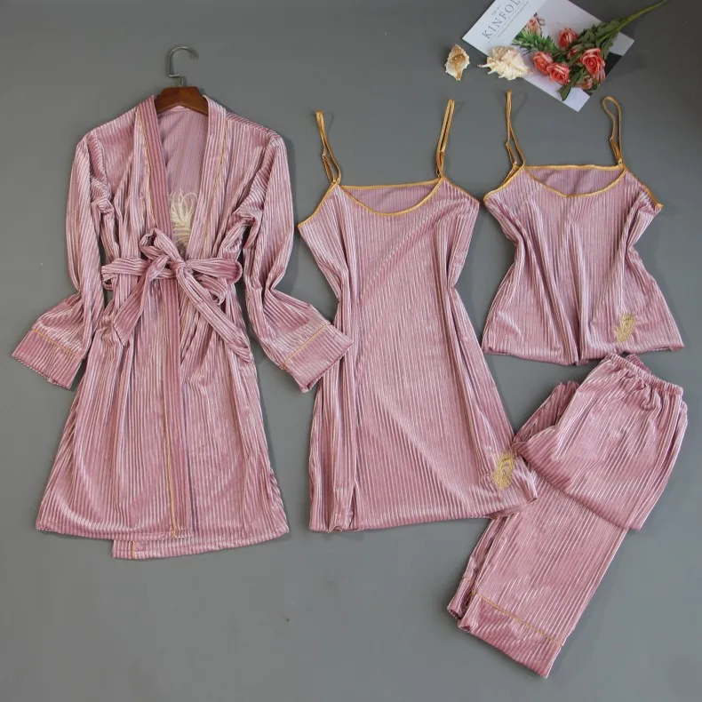 Бархатный женский пижамный комплект из 4 предметов кимоно с вышивкой рубашка