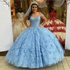 Светильник из голубого тюля Quinceanera платья 2021 платье принцессы бальное платье с открытыми плечами, пышные вечерние сладкий 15 аппликации 3D цветы