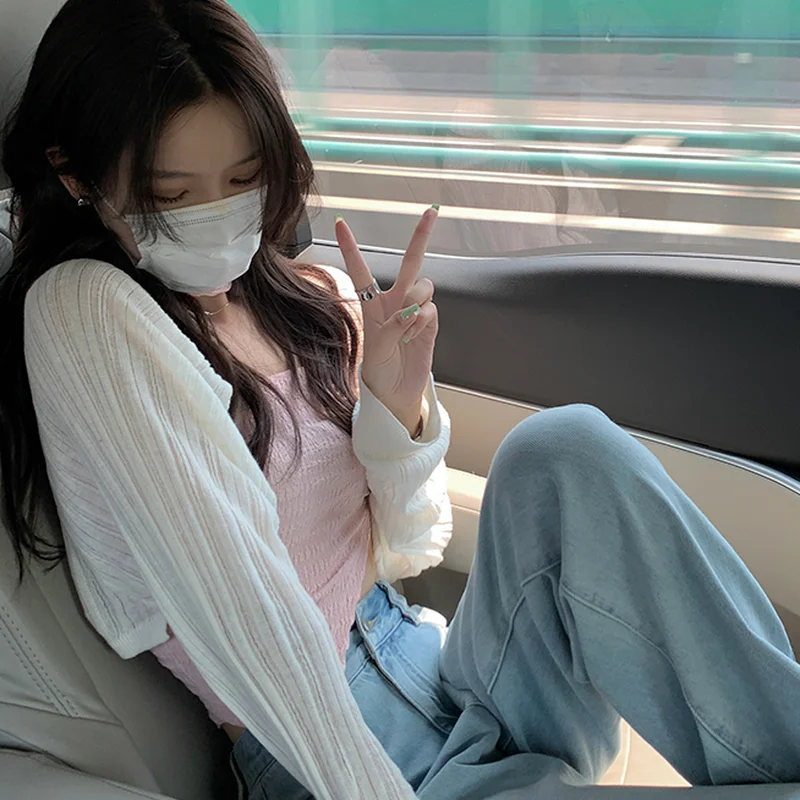 Кардиганы женские укороченные солнцезащитные на шнуровке однотонные тонкие