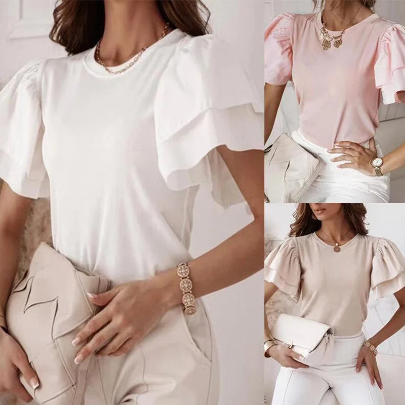 

Summer Butterfly Short Sleeves Women's T-Shirts Solid O-Neck Slim Female T-shirt 2021 Eleagnt New Fashion Office Lady Tee Tops