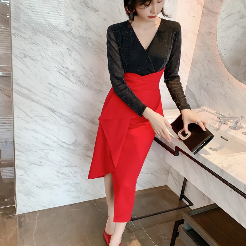 

Women Slim Asymmetrical Ruffle OL Work Office Dress Women Casual Christmas Dress Winter 2019 Contrast Europe Style Runway Dress