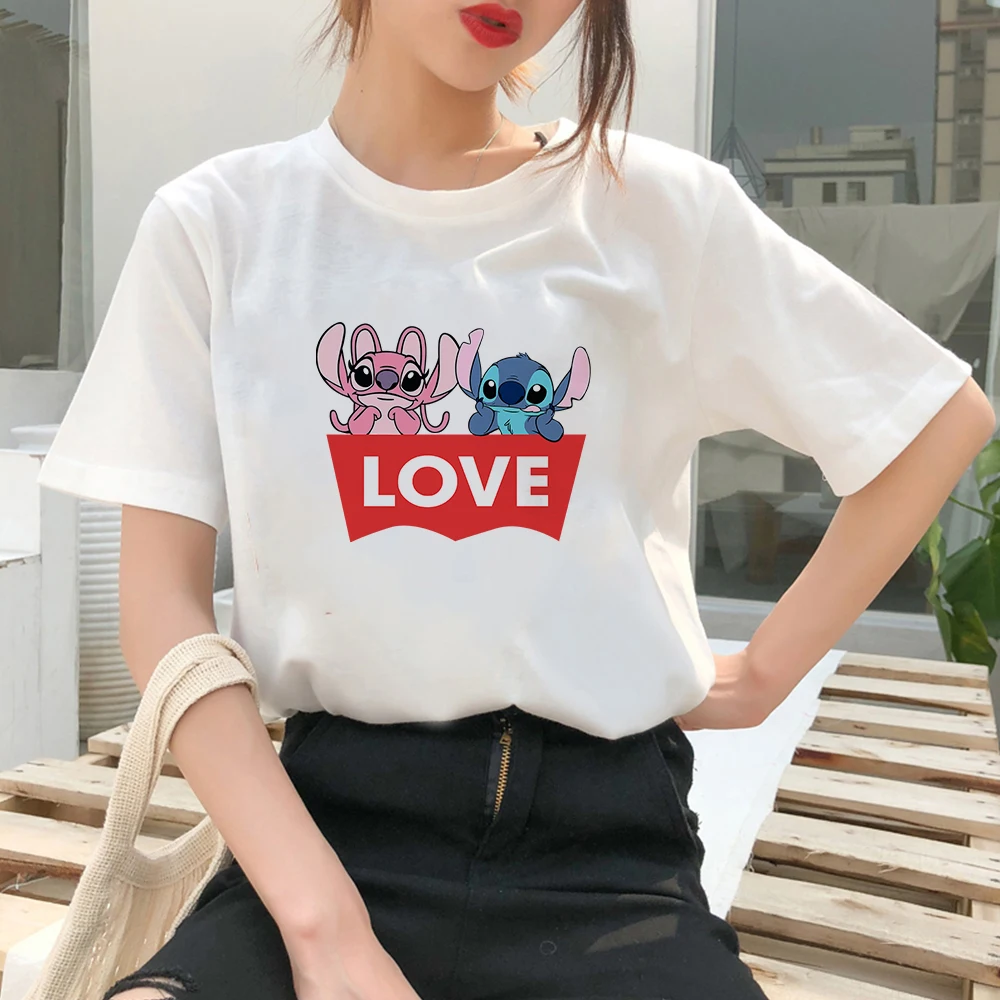 

Disney Stitch and Angel Love You Women Clothes Ohana Cartoon Y2k Fashion Matching Couple Outfits Summer Brand Women's T-shirts