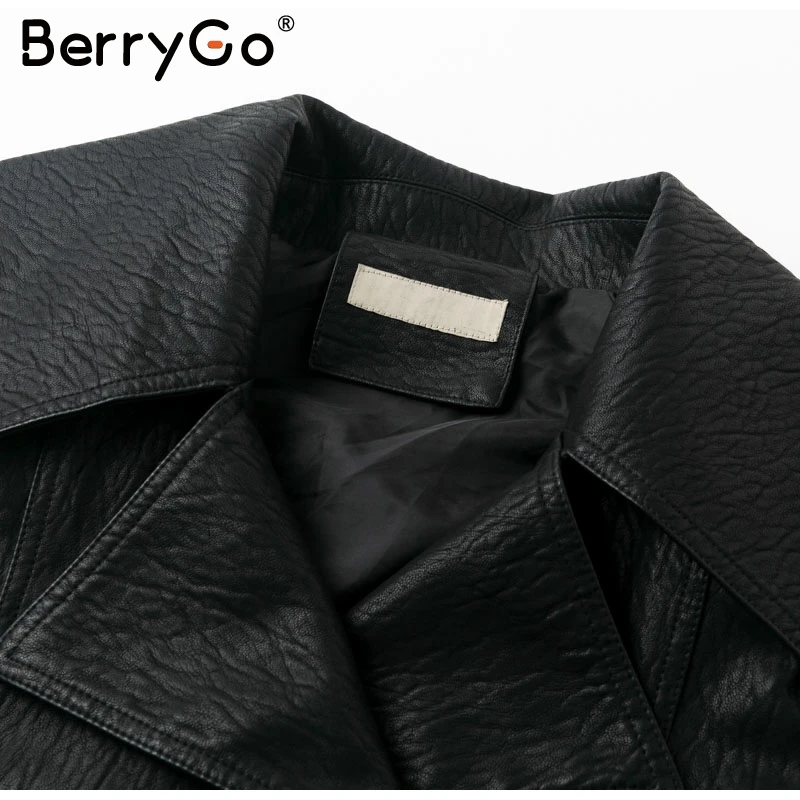 BerryGo Женская куртка из искусственной кожи, пальто с v-образным вырезом и галстуком-бабочкой, мотоциклетная Женская верхняя одежда, Бандажное пальто, высокая уличная Женская Черная Куртка