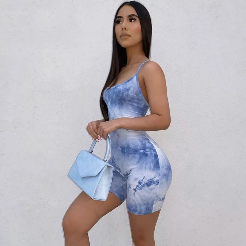 2021 Sling Jumpsuit Printed Women Sleeveless Tie-Dyed Shorts Set Casual Backless Sport Wear Bodysuit Fitness Romper Femme