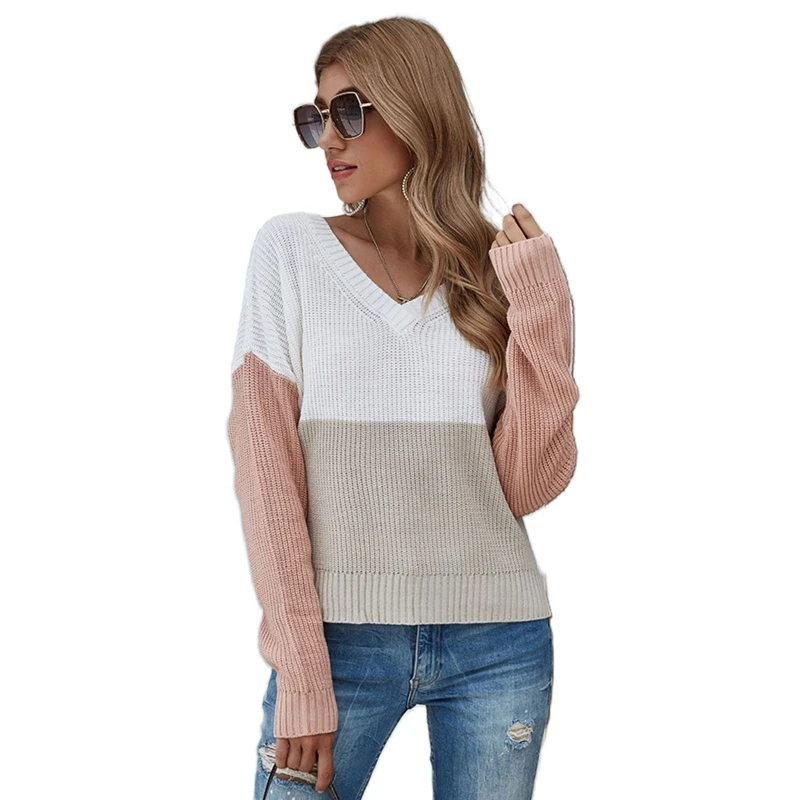 

Women Long Sleeve V-Neck Sweater Color Block Ribbed Trim Jumper Tops Knitwear