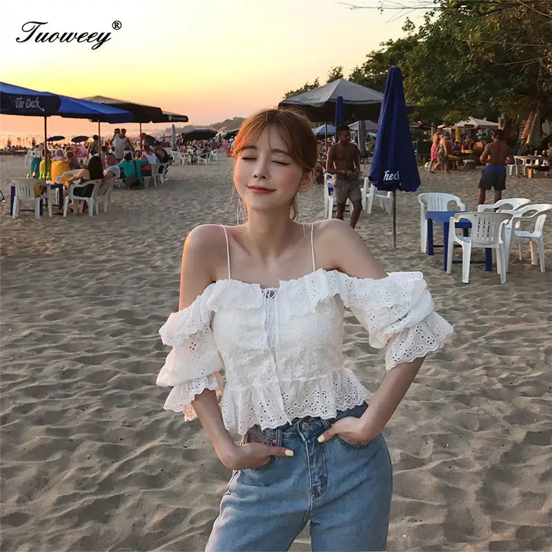 Корейская универсальная Сексуальная рубашка с открытыми плечами летняя новая