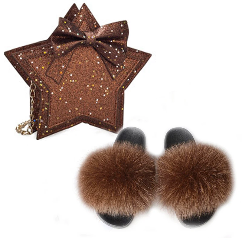 

Baby Shoes Children's Fox Fur Slippers New Fur Fur Slippers Cute Girls Bag Messenger Bag One-Shoulder Bow Bag
