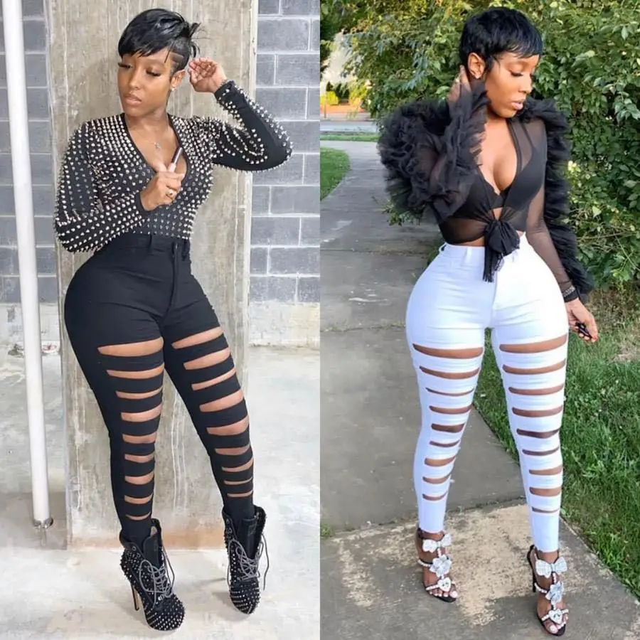 

Women's jeans large size fashion personality commuter locomotive ripped slim fit stretch leggings pencil pants trousers women