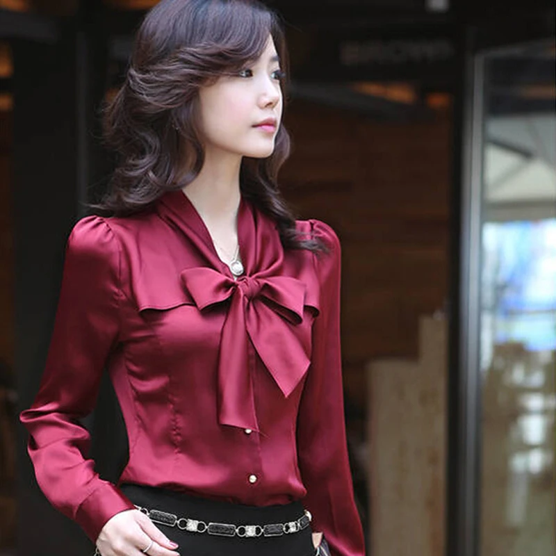 

Plus Size XXXXL Women OL Silk Blouse Satin Long Sleeved Butterfly Bow Shirt Feminine Fresh Sweet Tops for Party Office Street