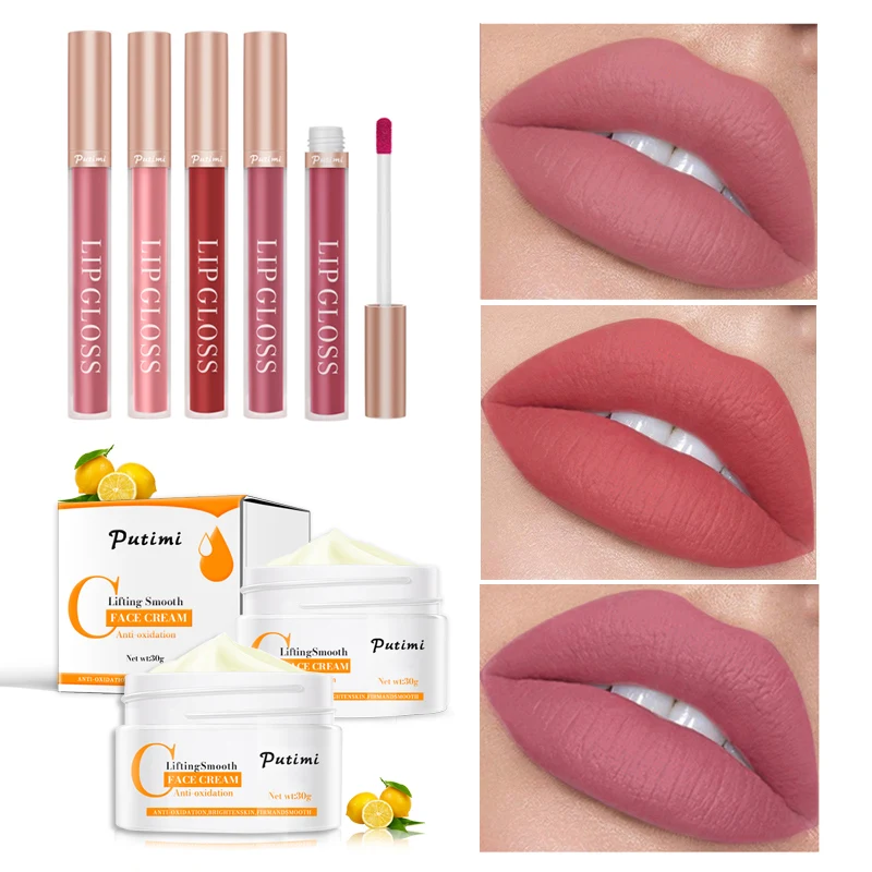 

1PCS Anti-Oxidation Firming Face Cream Skin Whitening Cream Anti Wrinkle + 1PCS Moisturizing Matte Lip Gloss Lips Makeup