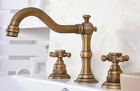 vintage retro antique brass deck mounted dual handles widespread bathroom 3 holes basin faucet mixer water taps man074