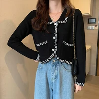 korean style open stitch sweater womens sweet pearl button turn down collar women clothes knitted long sleeve top spring autumn