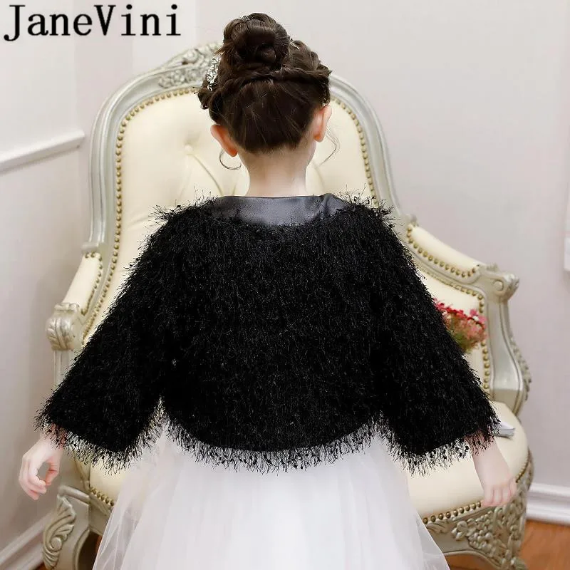 JaneVini/черная искусственная меховая шуба для девочек, шарф-плед, зимнее пальто для свадьбы, Детская куртка с цветочным принтом для девочек boleeros chales de fiesta