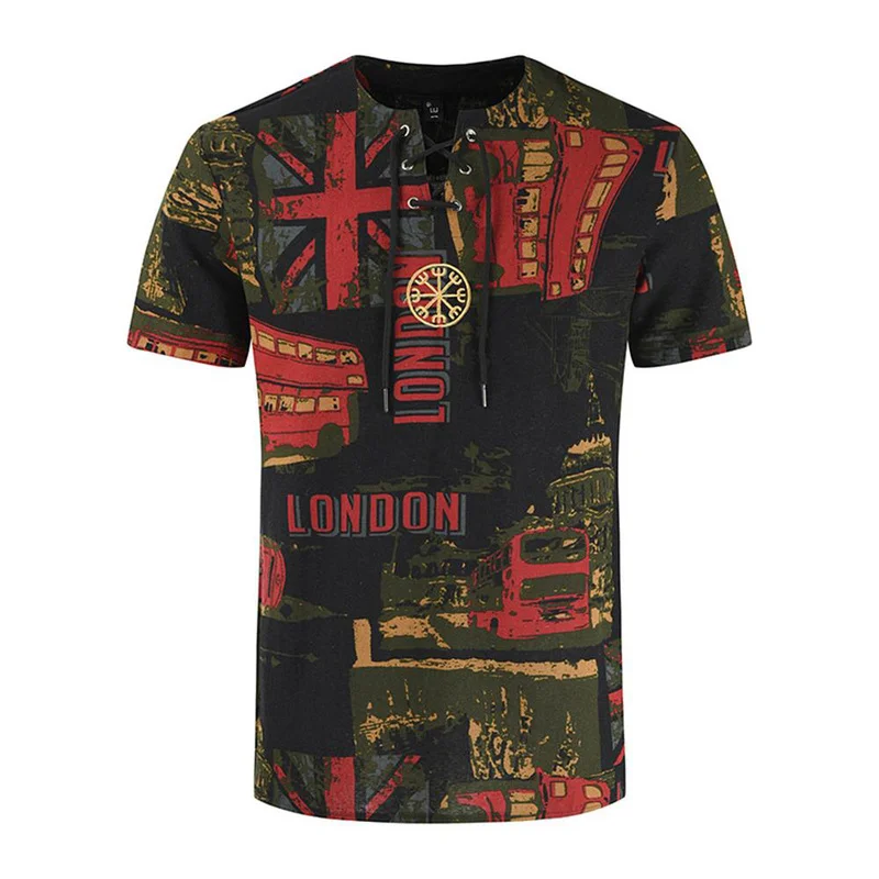 

Мужская футболка в стиле бохо со шнуровкой и коротким рукавом, летняя повседневная футболка для вечеринки