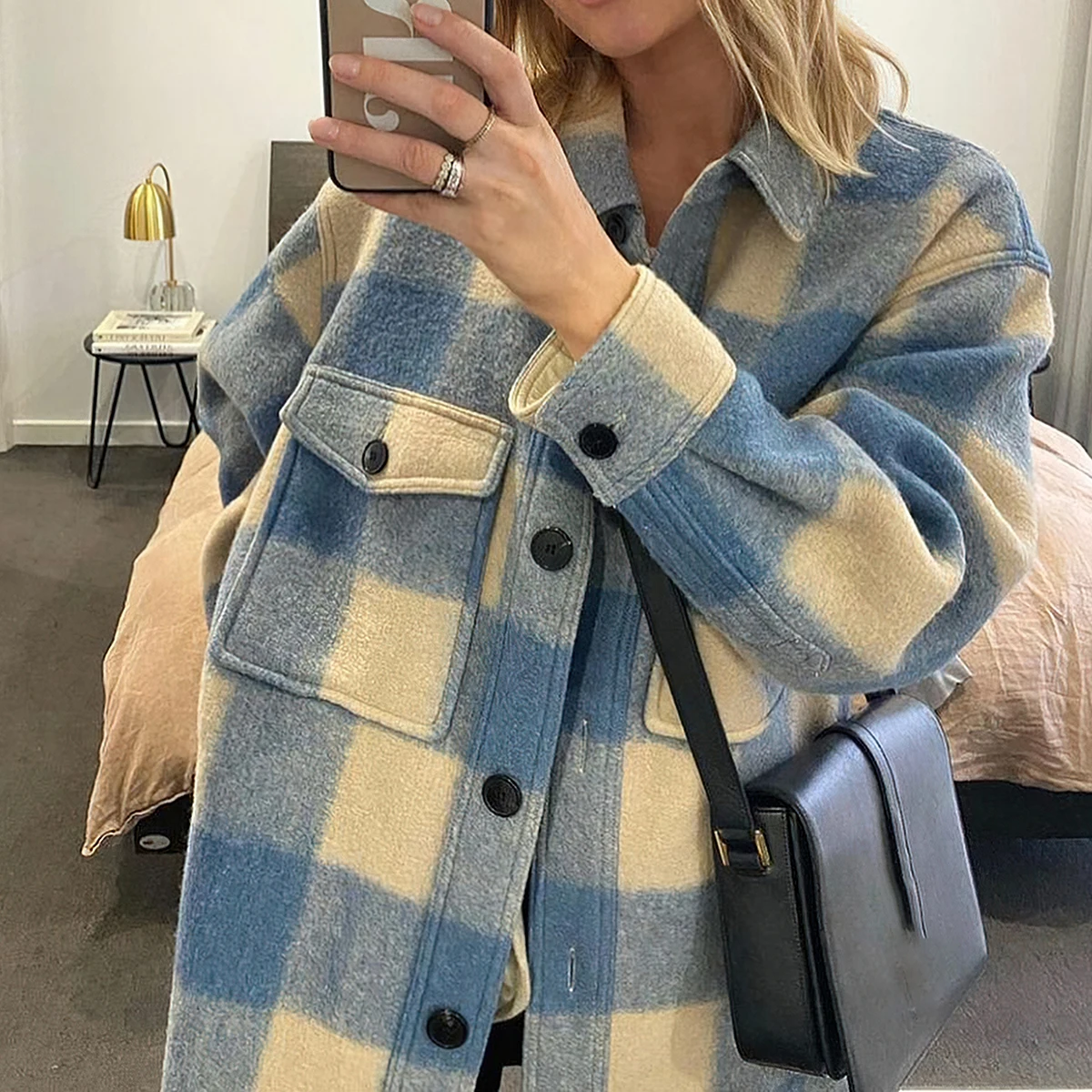 Rowling Chic Plaid Button Knee-length Woolen Coat Women Turndown Collar With Pocket Tops Female Casual Office Lady Jacket Women
