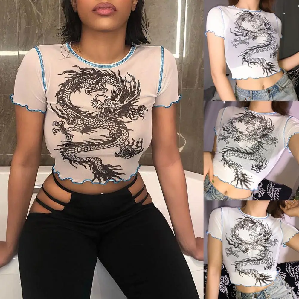 Женский Готический топ с вышивкой укороченный оранжевый принтом в виде дракона