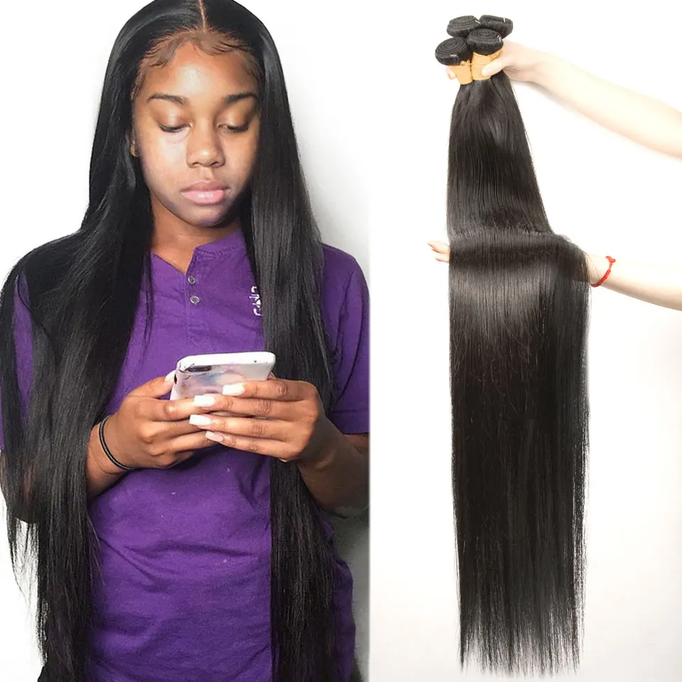 

28 30 32 Inch Straight Brazilian Machine Weaves 3 4 Bundles Virgin Hair Double Drawn Extensions For Black Women