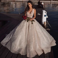 champagne v neck beading crystal dubai saudi arabic ball gown wedding dress handmade flowers floral appliques lace bridal gown