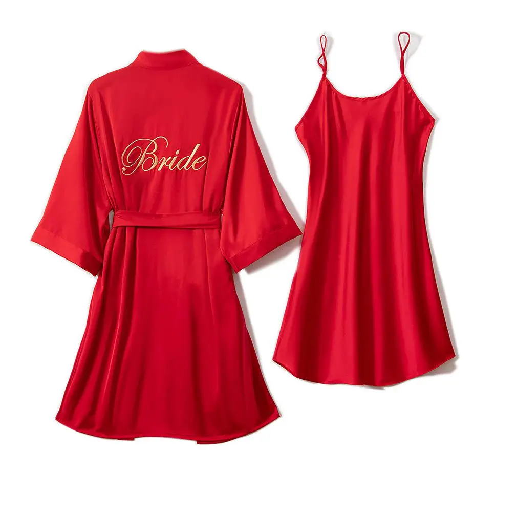 Women Champagne Bride Bridesmaid Wedding Sleepwear 2PCS Kimono Bathrobe Gown Embroidery Casual Nightgown Intimate Lingerie