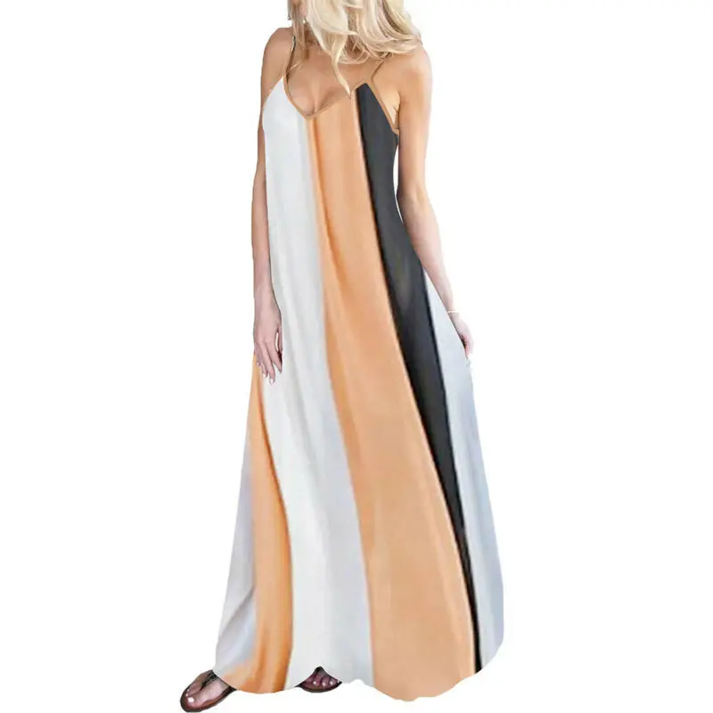 

VICABO Summer Dress Women Colour Block Sleeeveless V Neck Dress Large Size Beach Vest Long Dress Strap Woman Dresses