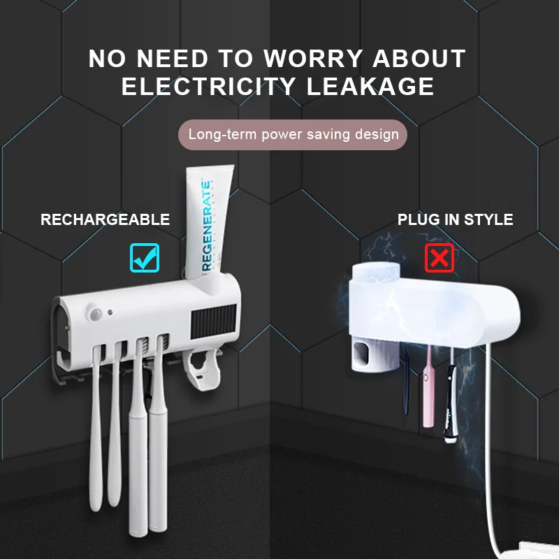 Esterilizador de cepillo de dientes USB, soporte para cepillo de dientes, esterilizador de doble capa, dispensador autom&aacute;tico de pasta de dientes, herramientas de ba&ntilde;o montadas en la pared-2