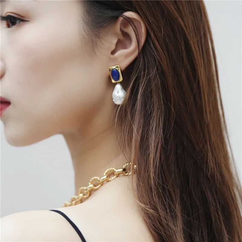 

Lapis Lazuli Baroque Pearl Inlaid Zircon Palace Style Exquisite Light Luxury Retro Shaped Drop Earrings for Women Girls Jewelry