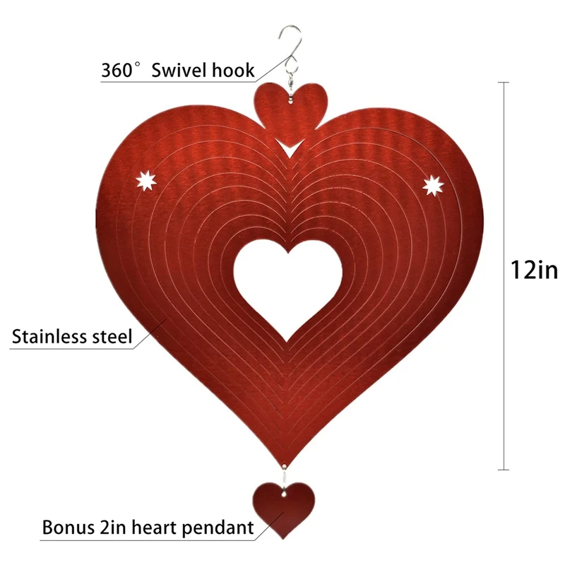 

Garden Art Wind Spinner Decorations 3D Red Love Heart Wind Chimes Stainless Steel Metal Indoor Outdoor Hanging Ornaments