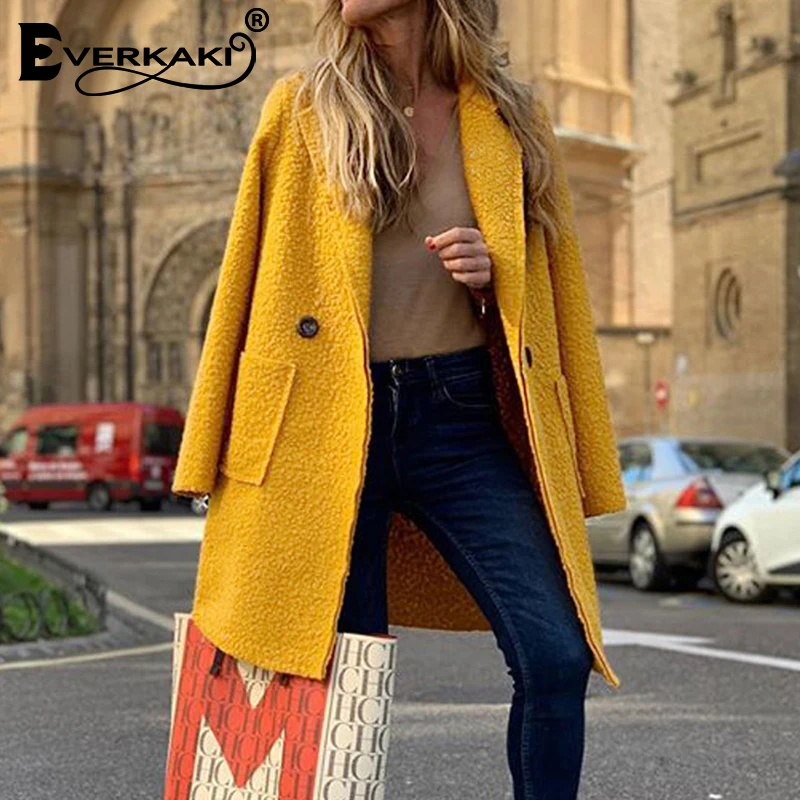 Everkaki Boho осенне зимние пальто куртка для женщин с карманами однотонное желтое