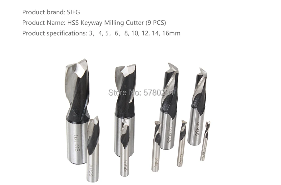 НАБОР КОНЦЕВЫХ ФРЕЗ из быстрорежущей стали с 2 канавками 7 шт. и 9 SIEG S/N:10045