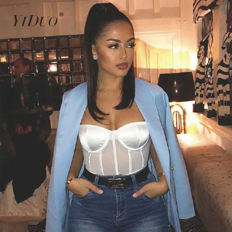 

YiDuo Black Mesh Transparent Bodysuit Metal Chain Straps Backless Bodysuits Sexy Bodycon Jumpsuit Fashion Club Party White Pink