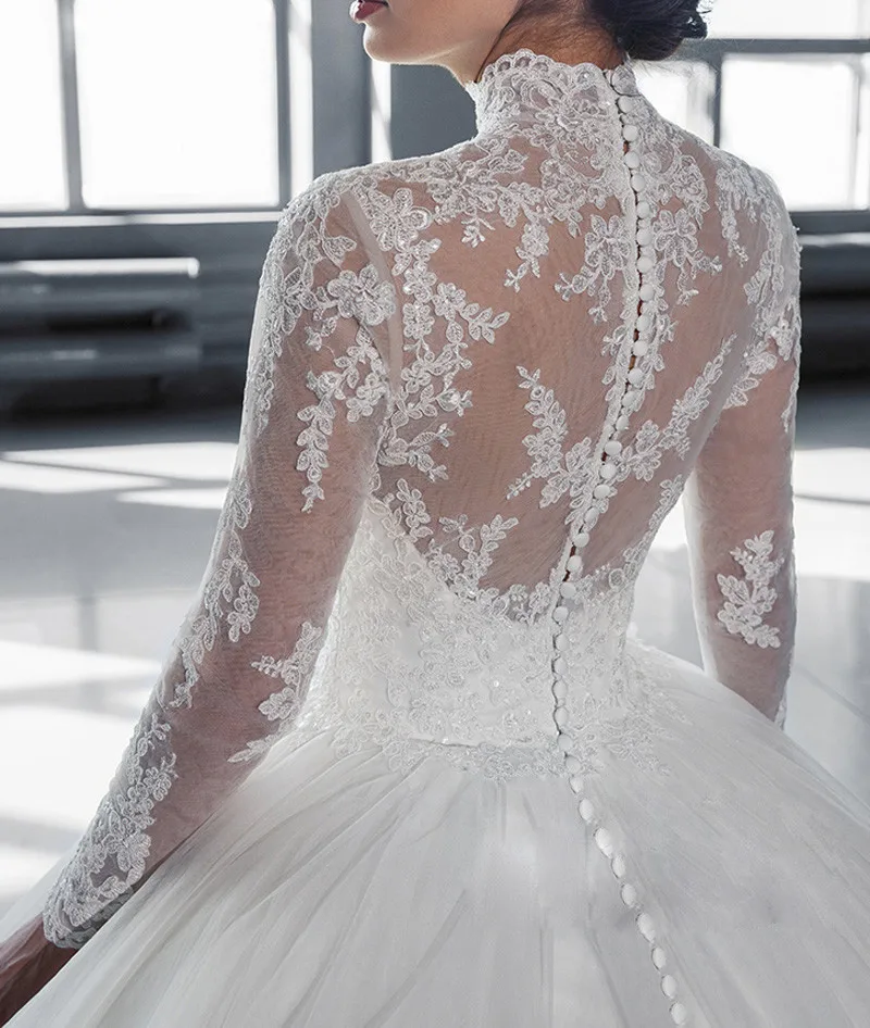 

Vestidos De Noiva 2020 Elegant A Line Long Sleeve Wedding Dress Tulle Appliques Beaded Princess Lace Wedding Gown Robe De Mariee