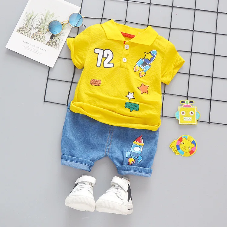 18 Month Boy Clothes Summer Rocket Turn Down Collar Short Sleeved T-shirts + Denim Shorts 2PCS Outfits Kids Bebes Jogging Suits |