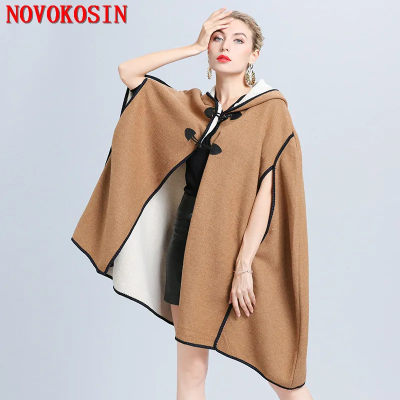 

2020 New Hole Sleeves Cape Big Pendulum Cardigan Winter Loose Poncho Women Horn Button Faux Woolen Cloak Plus Size Coat With Hat