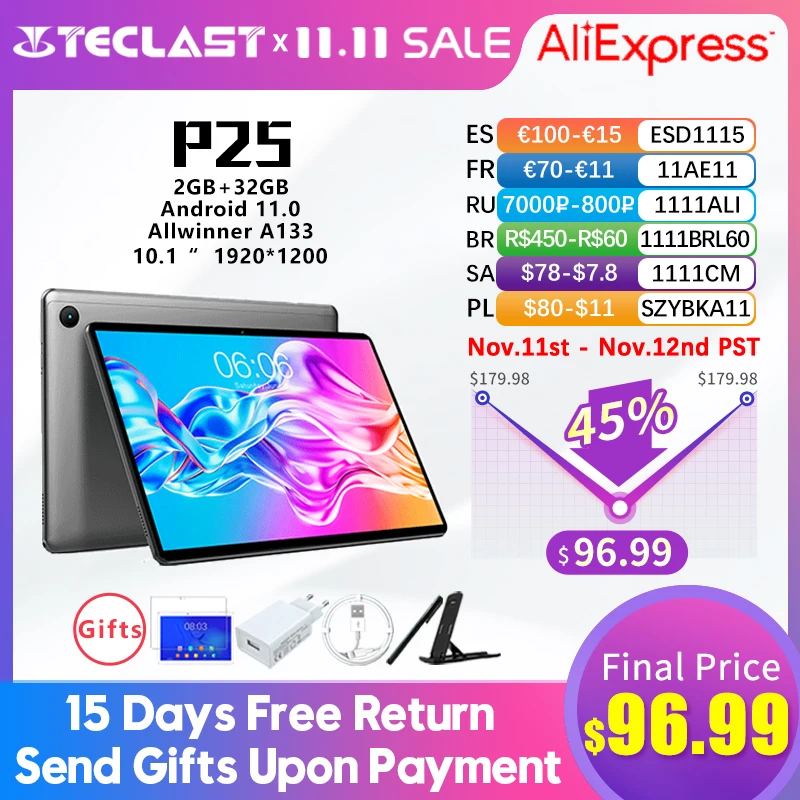 

Teclast P25 10.1 Inch 1280X800 IPS Tablet Android 11 Allwinner A133 Quad Core GE8300 Dual Speakers 2GB RAM 32GB ROM Type-C