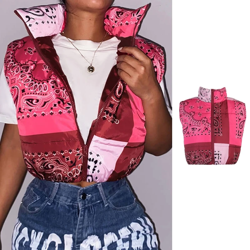 

Женская зимняя пуховая куртка без рукавов, жилет с разноцветным Пейсли цветочным принтом, пузырьковый жилет на молнии, стеганая парка, жиле...