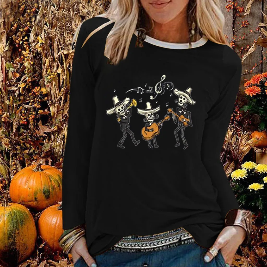 

Skeletons Are Playing Music Print Long Sleeve T-shirts Women Autumn Winter Graphic Tee Gothic Shirts for Women Loose Ropa Mujer