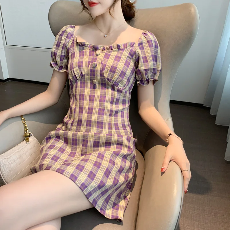 

Dresses For Women Boho Square Collar Purple Plaid Puff Sleeve Harajuku Medieval Party Dress Slim Korean Short Summer Dress Women