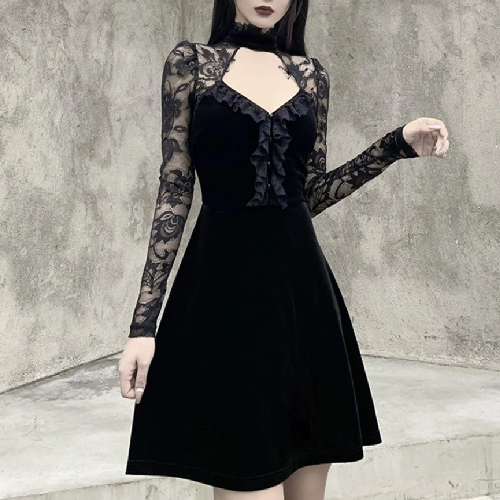 

Cool Sexy Lolita Dress Women High Waist Halter Lace Up A-line Dress Goth Punk Fashion Dark Black Mini Party Dress for Girl