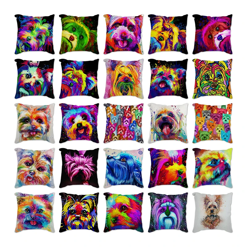 

Creative Dog Cushion Cover Yorkie Dog colorful Poster Throw Pillow Case Animals Cushion Cover Home Decoration Pillowcase Sofa