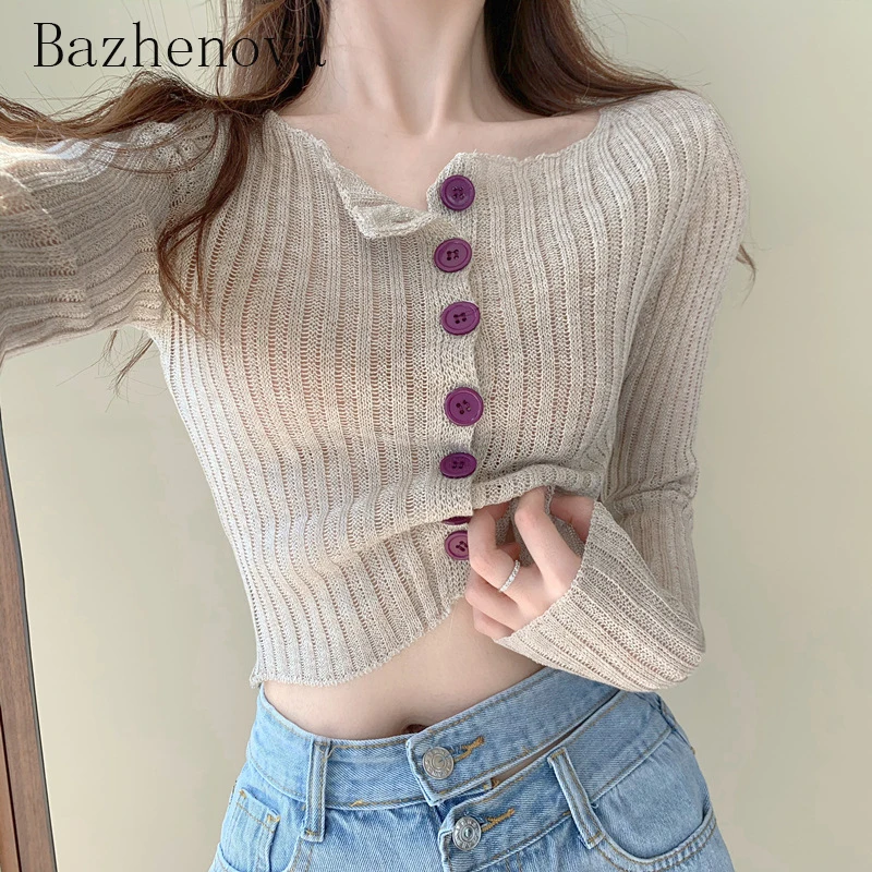 

Bzhenova Women Elegant Hot Sweaters Girls Sexy Loose Buttons Solid Color Long-sleeved Knitted Tops Ladies Charm Sweater R1141