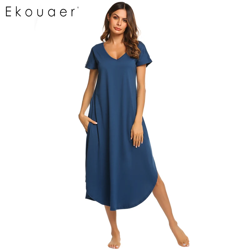 Blue Ekouaer ночная рубашка женская ночная рубашка трапециевидной формы свободное асимметричное платье для сна с коротким рукавом ночная рубашка - Цвет: Blue